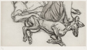 Lucian Freud (1922–2011)
Pluto, 1988
Radierung und Kaltnadel, vom Künstler mit Wasserfarbe getönt, 322 × 604 mm (Platte)
Städel Museum, Frankfurt am Main. Erworben 2018 mit Mitteln der Heinz und Gisela Friederichs Stiftung und des Städelschen Kunstinstituts.
The Lucian Freud Archive / Bridgeman Images