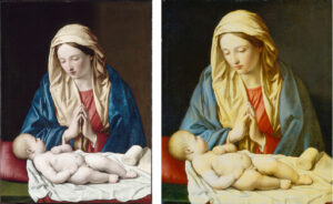 Sassoferrato, Maria, das Kind anbetend, um 1640-60 (?), Paris, Musée du Louvre; Sassoferrato, Maria, das Kind anbetend, um 1640-60 (?), Frankfurt, Städel Museum (Zustand vor der Restaurierung)