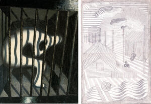 Victor Vasarely, Le Prisonnier, Der Gefangene (links), 1945, Öl auf Leinwand, 130 × 97 cm, Privatsammlung; Étude linéaire/Lineare Studie (rechts), 1939, Mischtechnik auf Papier, 84 x 78 cm, Sammlung Michele Vasarely, Foto: Michele Vasarely Foundation, © 2018 VG Bild-Kunst, Bonn