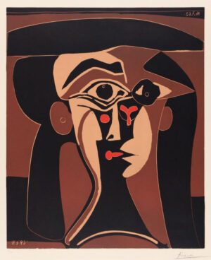 Pablo Picasso, Jacqueline au chapeau noir / Jacqueline mit schwarzem Hut, 1962, Linolschnitt in vier Farben von einer Platte: Beige, Rot, Braun, Schwarz auf Velinpapier, Städel Museum, Frankfurt am Main, Graphische Sammlung, © VG Bild-Kunst, Bonn 2019