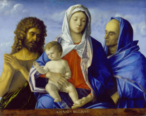Giovanni Bellini und Werkstatt, Madonna mit Kind, Johannes dem Täufer und der heiligen Elisabeth, um 1500, Mischtechnik auf Pappelholz, 72 × 90 cm, Frankfurt am Main, Städel Museum
