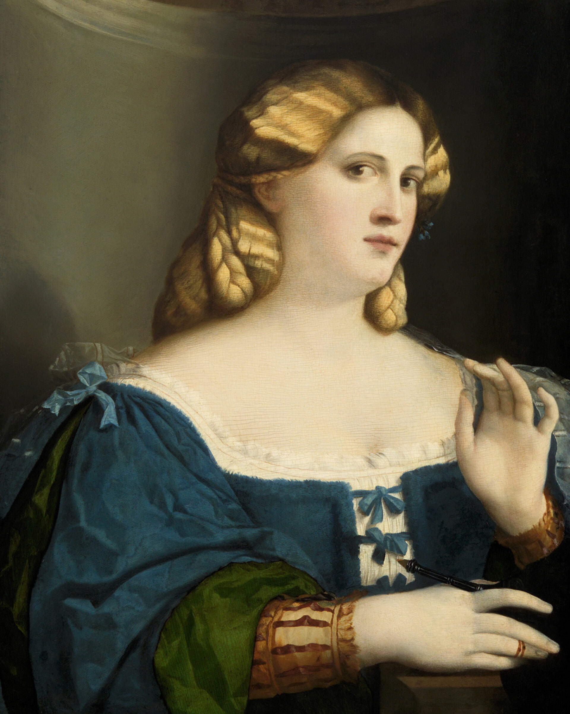 Palma il Vecchio_Junge Frau in blauem Kleid mit Fächer_um 1512-14
