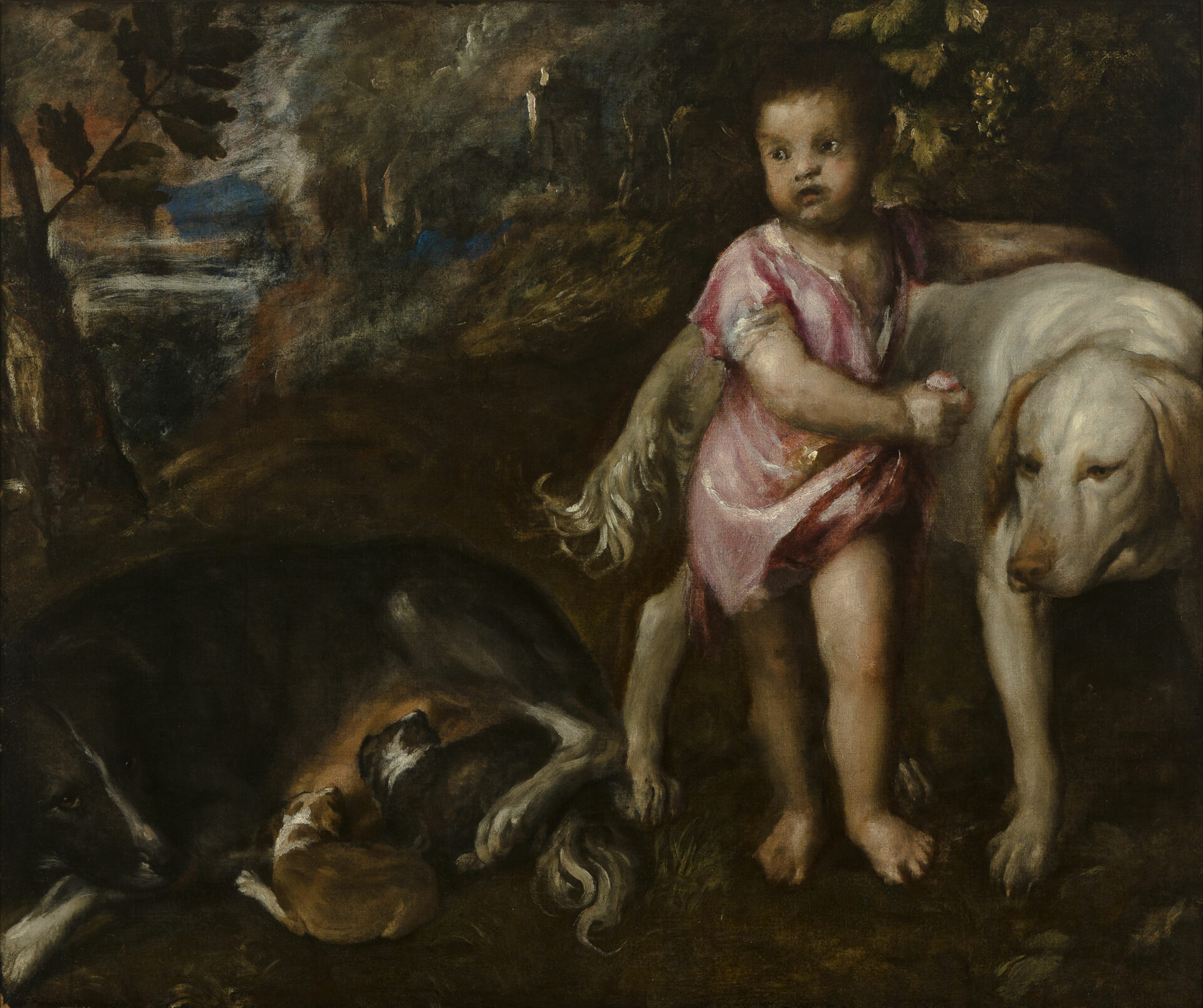 Tizian, Knabe mit Hunden in einer Landschaft, um 1570–76