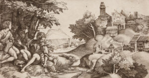 Guilio und Domenico Campagnola, Landschaft mit musizierenden Hirten, um 1510-17, Kupferstich, 13,2 × 25,7 cm, Städel Museum, Frankfurt am Main