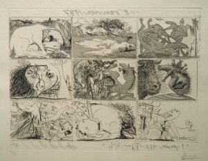 Pablo Picasso, Traum und Lüge Francos II, 1937, Kaltnadel und Aquatinta auf Montval-Vergépapier, erworben 2019 als Schenkung von Herbert Meyer-Ellinger und Christoph Vowinckel