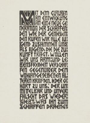 Ernst Ludwig Kirchner, Textseite des Programms der „Brücke“, 1906, Holzschnitt, Städel Museum, Frankfurt am Main