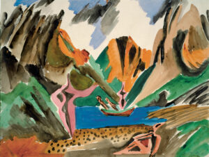Ernst Wilhelm Nay, Lofotenlandschaft mit See und Kahn, 1938, Aquarell über Bleistift auf Vergé,  Städel Museum, Frankfurt am Main © Elisabeth Nay-Scheibler, Köln / VG Bild-Kunst, Bonn 2019, Foto:  Städel Museum