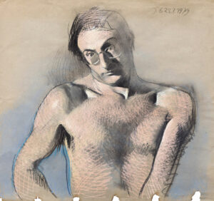 Johannes Grützke, Selbstbildnis, 1979, Pastellkreiden auf braunem Packpapier mit sechs Brandfehlstellen am unteren Rand, Städel Museum, Frankfurt am Main © VG Bild-Kunst, Bonn 2019, Foto: © Städel Museum