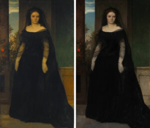 Vorher/nacher: Arnold Böcklin, Bildnis der Schauspielerin Fanny Janauschek, 1861, Öl auf Leinwand, 180 × 104,3 cm, 
Städel Museum, Frankfurt am Main, Eigentum des Städelschen Museums-Vereins e. V.