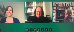 Digital verbunden (v. l. n. r.): Anna Huber ist Kunsthistorikerin und arbeitet in der Abteilung „Bildung & Vermittlung“ des Städel Museums, David Schnell ist Inhaber der Pfarrstelle für Stadtkirchenarbeit am Museumsufer und Dr. Stefan Scholz Rektor am Frankfurter Dom St. Bartholomäus.