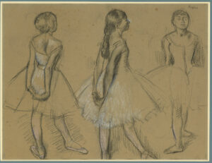 Edgar Degas, Kleine 14-jährige Tänzerin, drei Studien, um 1878-1880, schwarze Kreide, Pastell, weiß gehöht, 47,5x 62,8 cm, The Morgan Library and Museum, New York