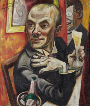Max Beckmann, Selbstbildnis mit Sektglas, 1919, Öl auf Leinwand, Gemeinsames Eigentum mit der Ernst von Siemens Kunststiftung, der Bundesrepublik Deutschland und dem Städelschen Museums-Verein