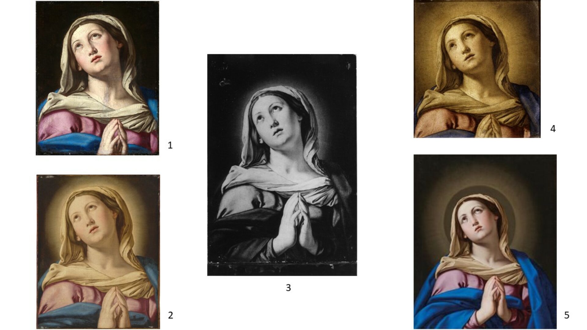 Fünf Fassungen der Maria Immaculata in Karlsruhe, Staatliche Kunsthalle (1); Privatsammlung (ex Sotheby’s; 2); Baltimore, The Walters Museum of Art (3); Bergamo, Accademia