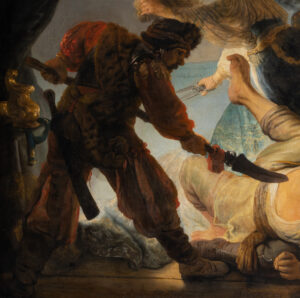 Detail Mann mit Lanze, Rembrandt, Die Blendung des Simson, 1636, Städel Museum, Frankfurt am Main