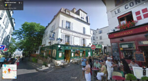 Blick auf das Restaurant La Bonne Franquette an der Ecke Rue des Saules und Rue Saint-Rustique, Paris, Frankreich, 2022