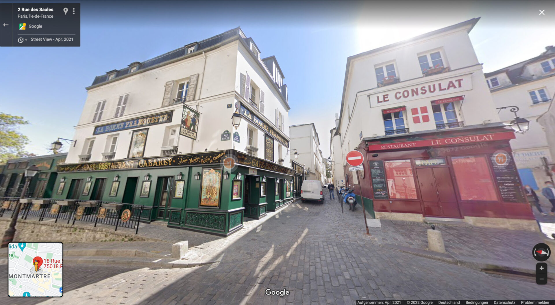 Die Restaurants La Bonne Franquette und Le Consulat an der Ecke Rue des Saules und Rue Saint-Rustique, Paris, Frankreich, 2022