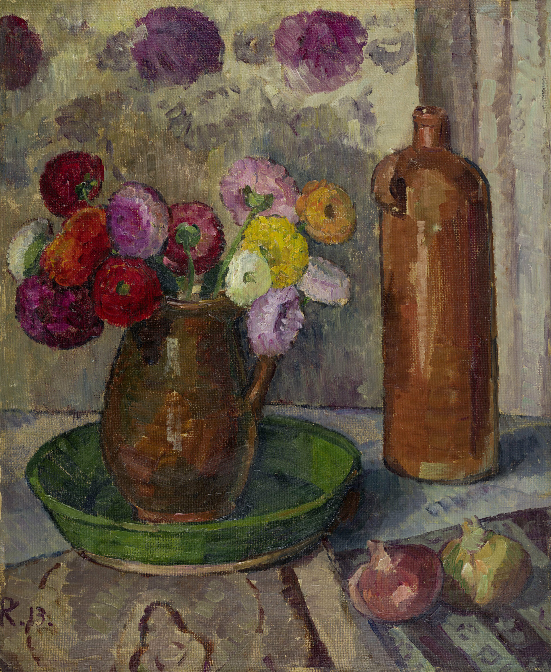 St presse Pauline Kowarzik Stillleben mit bunten Blumen Zwiebeln und Steinkrug 1913